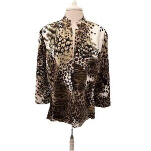 Travel Elegance Animal Print Open Front Jacket Padded Shoulders Xl